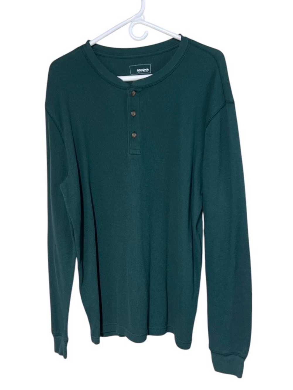 Sonoma Men’s XL Green Thermal Henley Long Sleeve Shirt 100%Cotton